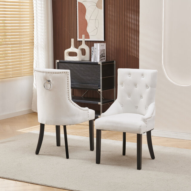 Elegant Set of 2 Tufted Dining Chairs Studded with Arms Ring Occasional Velvet Fabric Upholstered Kitchen Armchairs