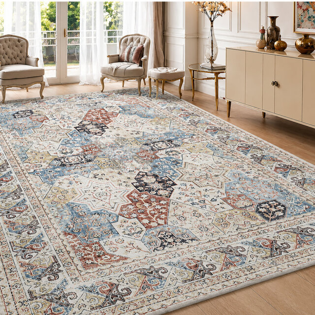 Soft Cashmere Feel Area Rug – Non Slip Low Pile Living Room & Bedroom Carpet, Machine Washable