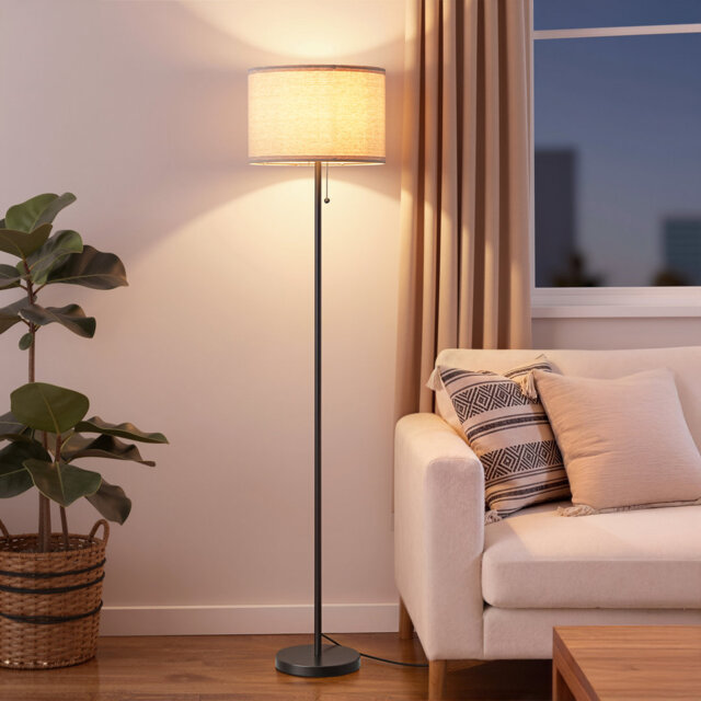Floor Lamp With Natural Linen Lampshade, Modern Tall Standing Lamp With Pull Chain Switch, Led Bulb Included For Living Room, Bedroom, Office