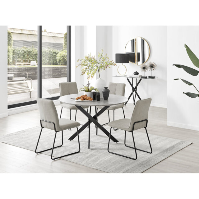 Tierra Modern Chrome Metal & Marble Effect Round Dining Table Set with 4 Chairs