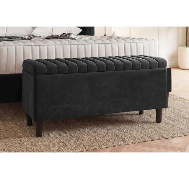Plush Velvet Lined Upholstered Ottoman Storage Box with Wooden Legs