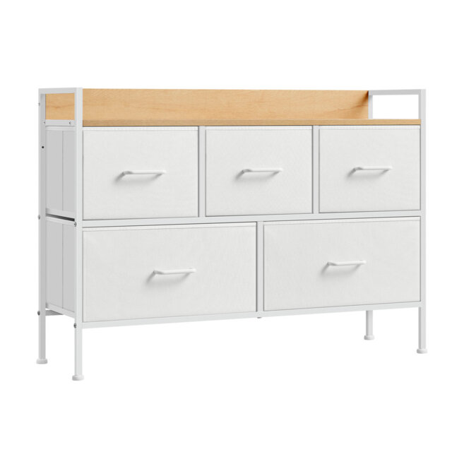 Chest Of Drawers For Bedroom, 5 Fabric Drawers With Handles, Storage Organiser Unit, For Living Room, Hallway, Steel Frame, Cloud White And Oak Beige
