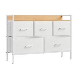 Chest Of Drawers For Bedroom, 5 Fabric Drawers With Handles, Storage Organiser Unit, For Living Room, Hallway, Steel Frame, Cloud White And Oak Beige