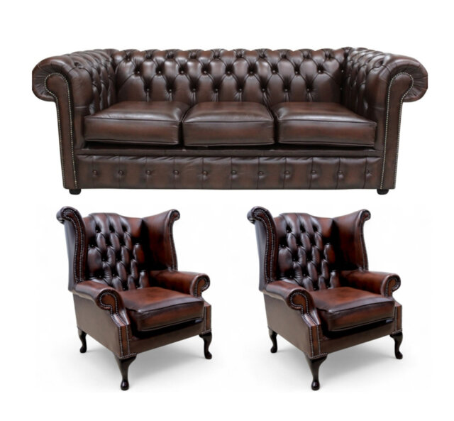 Chesterfield 3 Seater Sofa + 2 X Queen Anne Chairs Leather Sofa Suite Offer