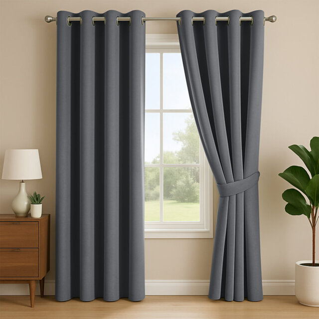 Linen Blend Blackout Eyelet Curtains - Thermal Insulated Room Darkening Window Panels for Bedroom & Living Room (Set of 2)