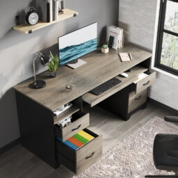 150cm Executive Desk With 2 File&Storage Drawers, Computer Writing Desk With Keyboard Tray For Home Office