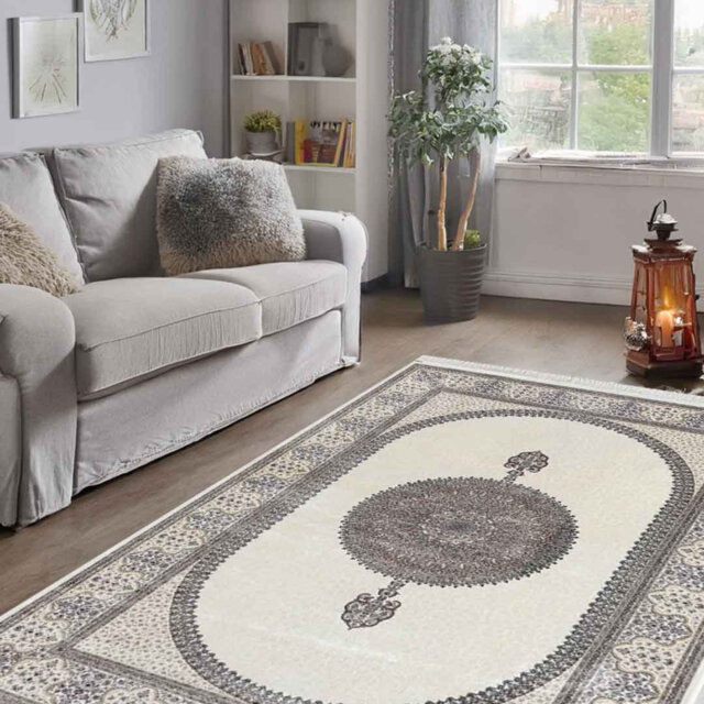 Minyatur White & Cream Medallion Area Rug – 100% Viscose, Traditional Low-Pile Woven Carpet for Living Room, Bedroom & Hallway