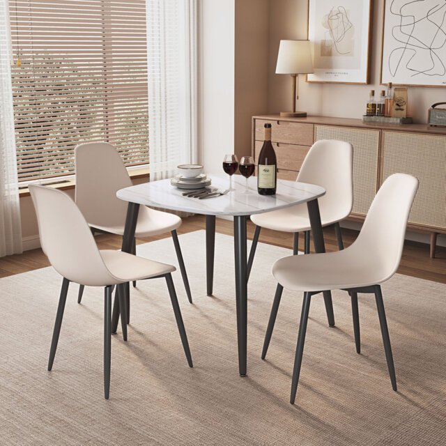 Aspen Gloss White Sintered Stone Square Table with 4 Plastic Curve Chairs - Modern Dining Set