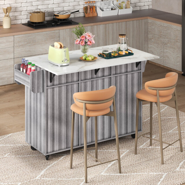 Kitchen Island Cart on Wheels with Foldable Wood Top, 3 Drawers & Cabinets for Dining Room & Living Room
