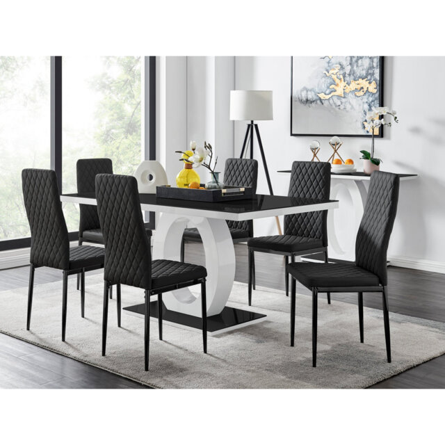 Carennac Modern High Gloss & Glass Dining Table with 6 Luxury Faux Leather Chairs