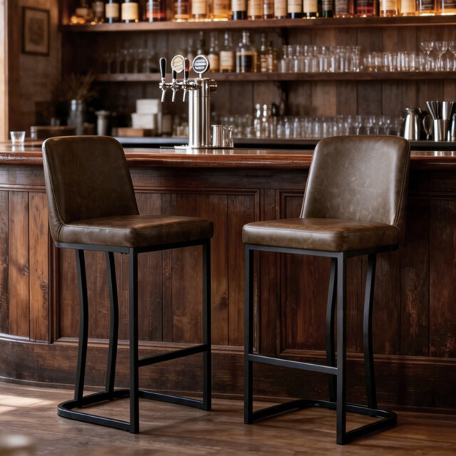 "Modern Bar Stools Set Of 2 Faux Leather Breakfast Kitchen Stools 24"" Seat Height"