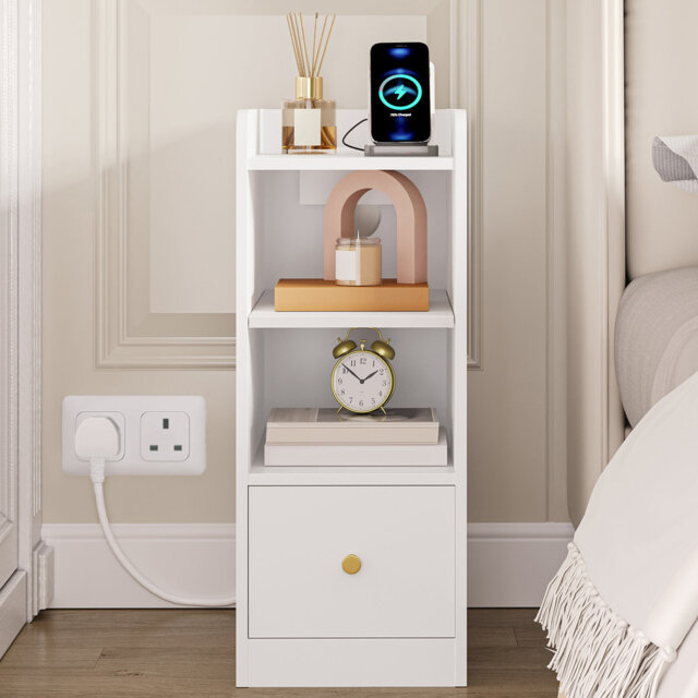 Slim Bedside Tables Set of 2 with Charging Station, Narrow Bedside Cabinet with Drawer, USB & Type-C Ports, Nightstands with Adjustable Shelves for Be