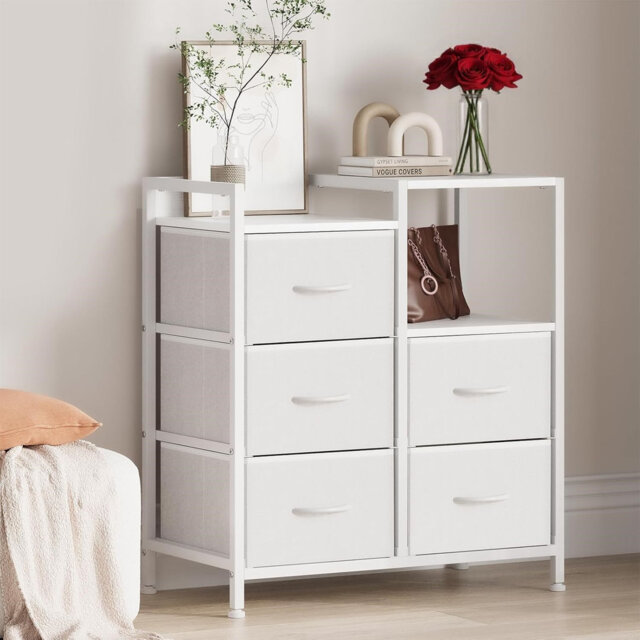 5 Drawer Mobile File Cabinet with Open Storage Shelf - Rolling Printer Stand, Fabric Lateral Filing Cabinet, Fits A4 or Letter Size Files, Office Fili