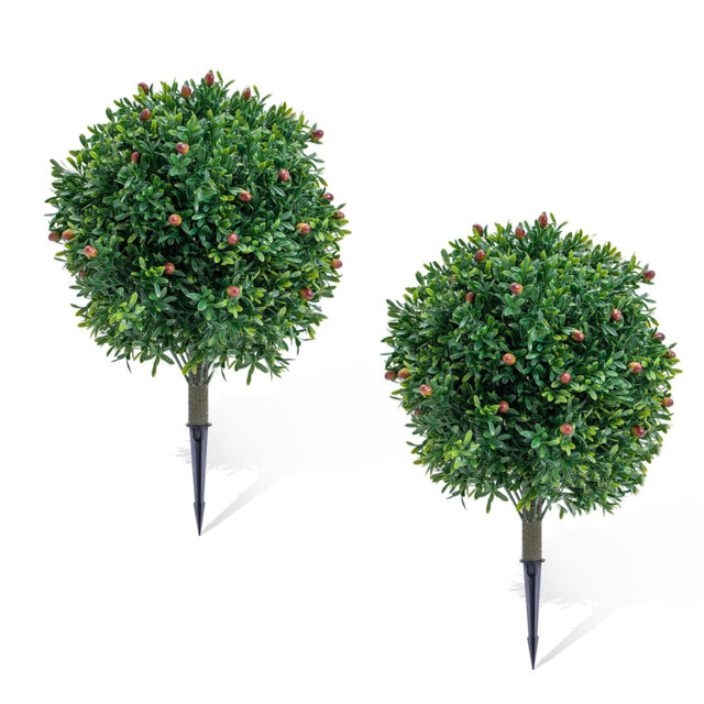 Artificial Olive Trees for Outdoors, 25.59 Inch UV Resistant Fake Plants, Set of 2 with Ground Spikes