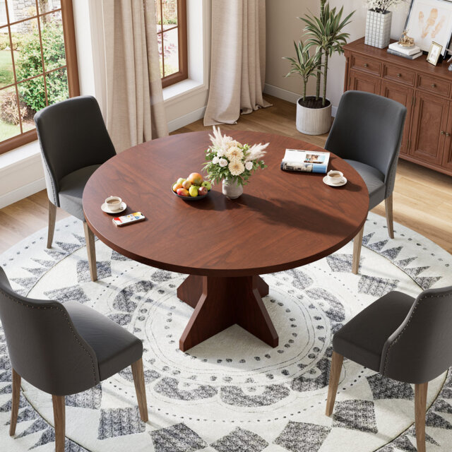 "Round Dining Table for 4-6 People - 47"" Circle Kitchen Dinner Table with Sturdy Pedestal Base, Small Spaces Dinning Room Furniture for Living Room, Ki"