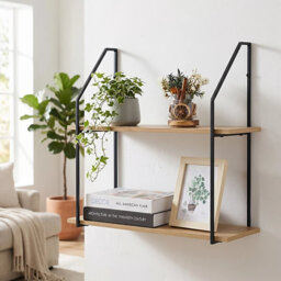 Wall Mounted Shelving Unit with 2 Wooden Shelves - Oak Effect & Black Metal - 60x20x52CM