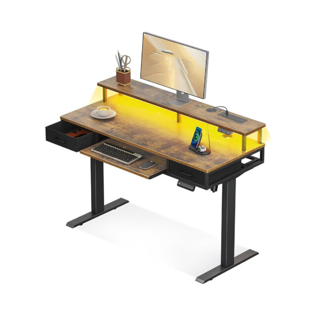 Rustic Brown Height Adjustable Computer Desk, 120cm Electric Standing Desk with Drawers, with Keyboard Tray, LED Light