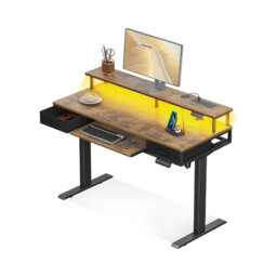 Rustic Brown Height Adjustable Computer Desk, 120cm Electric Standing Desk with Drawers, with Keyboard Tray, LED Light