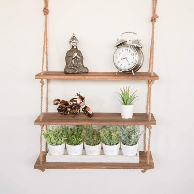 3 Tier Wooden Rope Shelves ,Wall Mounted Floating Shelves ,Decorative Hanging Shelves