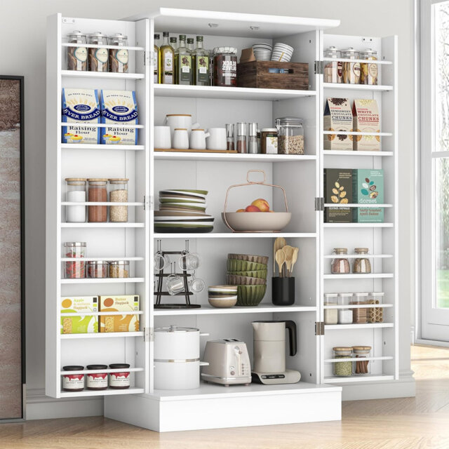 47” Pantry Cabinet, Kitchen Pantry Storage Cabinet With Doors And Adjustable Shelves,freestanding Buffet Cupboards Sideboard For Living Room And Dinni