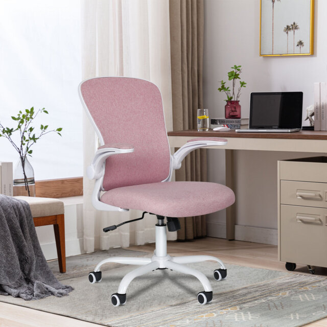 Swivel Office Chair With Lumbar Support, Adjustable Fabric Computer Chair With Flip-Up Armrest