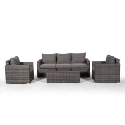 Villatoro Grey Rattan 3 Seat Sofa + 2 X Armchairs & Rectangle Coffee Table, Outdoor Patio Garden Furniture