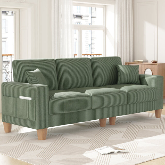 Oversize Sofa 256cm Corduroy Sofa with 3 Seats, No Tool Assembly,Solid Wood Frame and Solid Wood Legs