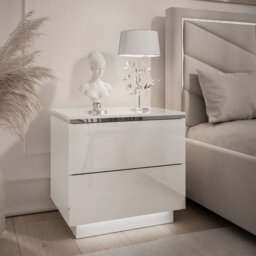 AURORA II SILVER Bedside Table in White High Gloss with LED