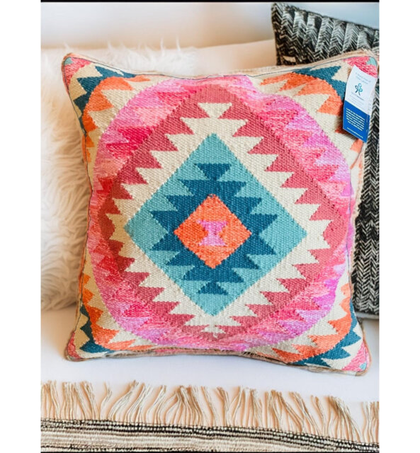Llica Kilim Large 50 cm x 50 cm Cushion Cover in Rich Pink Multi Colour Geometric Pattern
