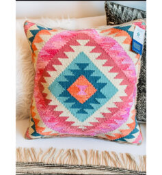 Llica  Kilim Large 50 cm x 50 cm Cushion Cover in Rich Pink Multi Colour Geometric Pattern