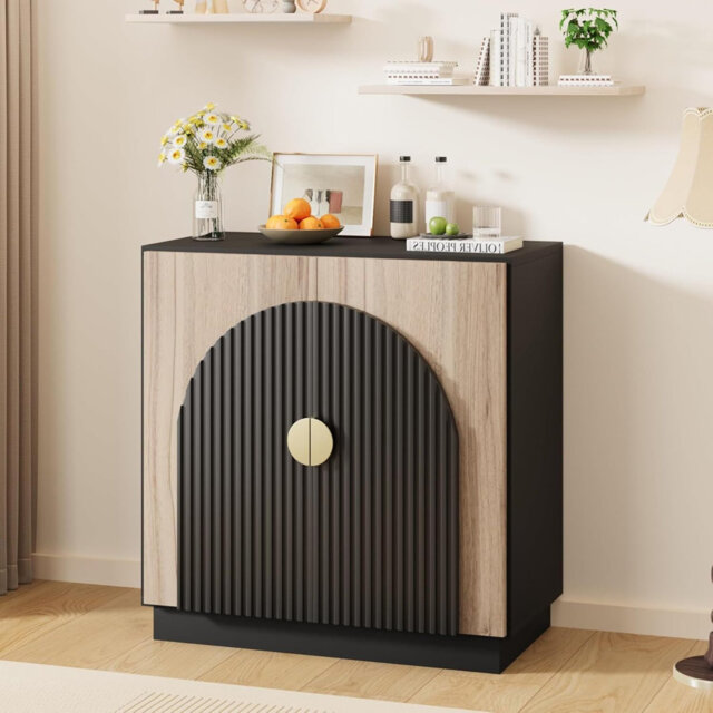 Wooden Sideboard with Fluted Design, Mid-Century Modern Buffet Storage Cabinet with 2 Arched Doors, Gold Handles & Adjustable Shelves, Kitchen Cupboar