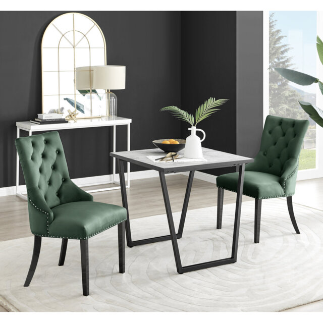 Industrial Design White & Grey Marble Effect Melamine Dining Table Set with 2 Button Velvet Chairs