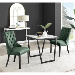 Industrial Design White & Grey Marble Effect Melamine Dining Table Set with 2 Button Velvet Chairs