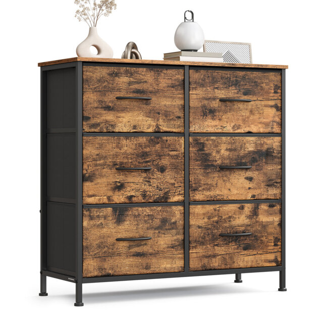 Chest Of Drawers, 6 Fabric Drawers Storage Unit, Steel, MDF, Non-Woven Fabric, For Bedroom, Closet, Hallway, Living Room, Ink Black