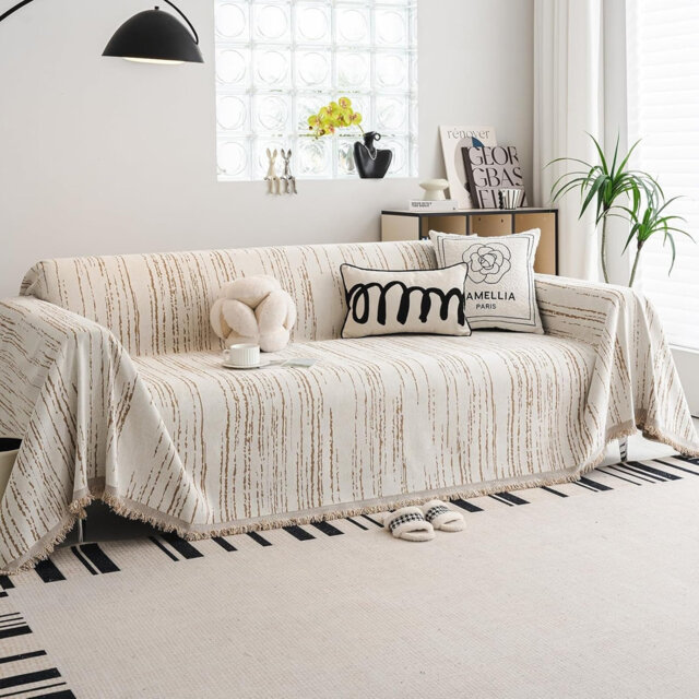 Chenille AB Sided Sofa Cover for 3 Seater, Soft Non-Slip Slipcover with Tassel(Grey, 180×300 cm)