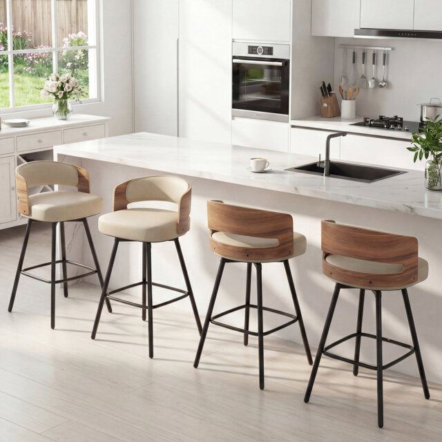 Windsor Mid-Century Swivel Bar Stools With PU Seat And Bentwood Back – Metal Frame