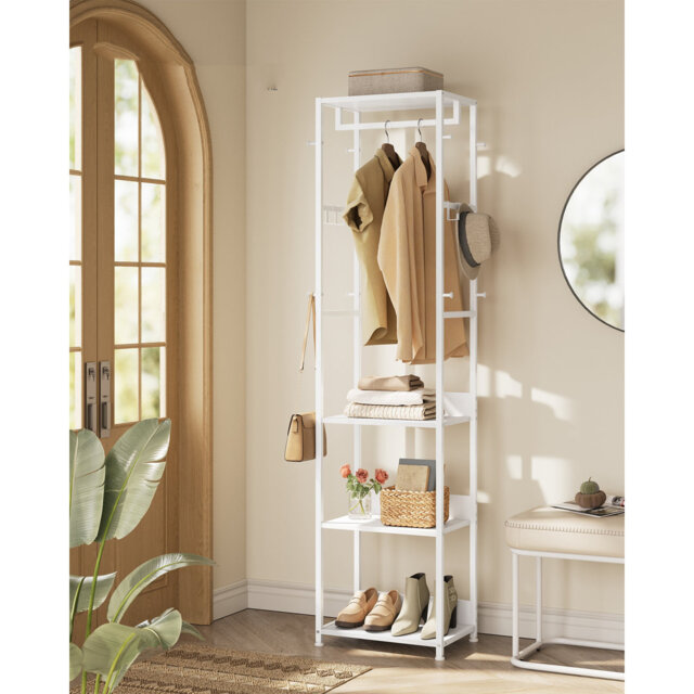 Clothes Rack, Coat Rack Stand With Hanging Rail And Hooks, Hall Tree With Shelves, Steel Frame, For Clothes, Bags, Hats, Cloud White