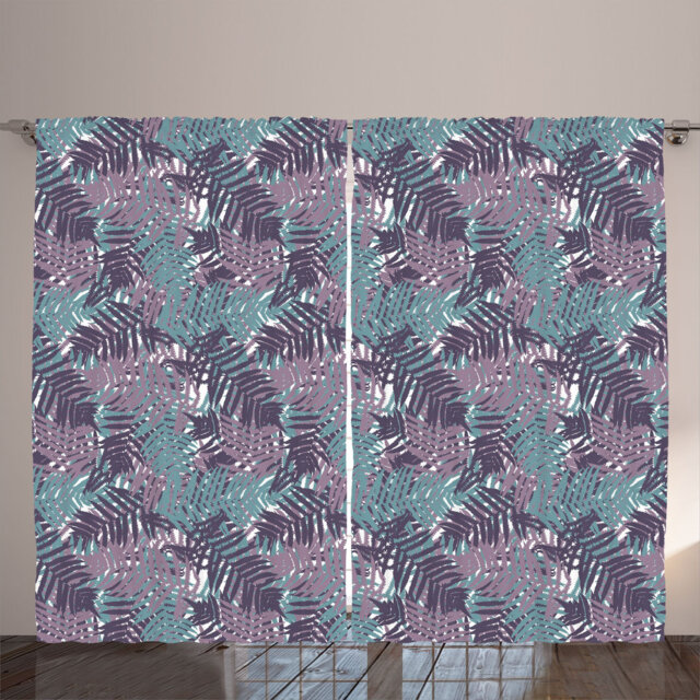 Rustic curtain, neutral fern pattern, autumn leaves, cadet blue and purple aubergine