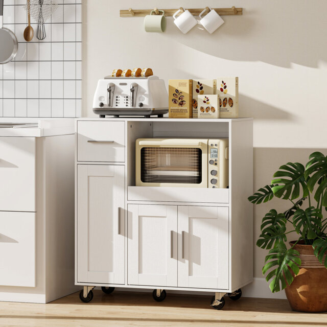 HOMCOM Rolling Kitchen Cart, Microwave Cabinet, Sliding Tray, Drawer, White