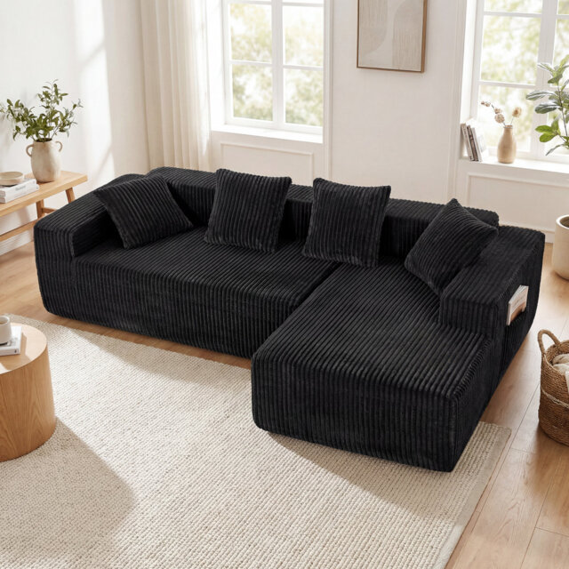 Modern Oversized Corner Sofa L-Shaped Corduroy Sofa With Storage Pockets