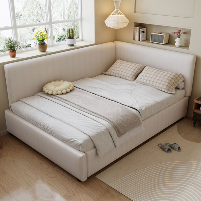 Beige Corduroy Upholstered Daybed with Secure Side Rails
