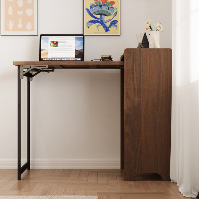 Home Office Desk Cabinet With Storage Shelves, Space Saving Compact Writing Desk For Small Spaces Living Room Bedroom Home Office, Walnut Finish (99w
