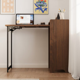 Home Office Desk Cabinet With Storage Shelves, Space Saving Compact Writing Desk For Small Spaces Living Room Bedroom Home Office, Walnut Finish (99w