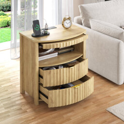 Fluted Curved Bedside Table with Human Sensor Light, Charging Station