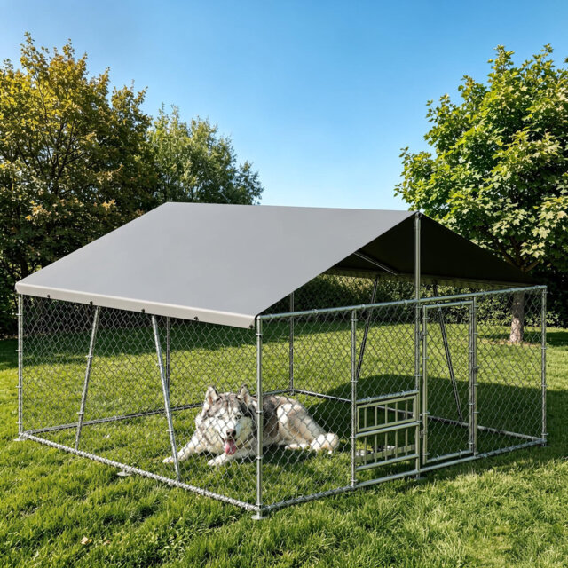 Large Outdoor Dog Kennel, 10 x 10 x 5.9 ft Heavy Duty Metal Wire Dog Enclosure with Waterproof UV-Resistant Roof, Lockable Door, Rotating Feeder & 2 S