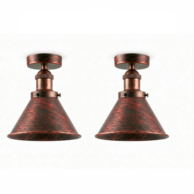 2 PackVintage Industrial Ceiling Lights with Metal 18cm Conical Shade, Semi-Flush Mount Lighting Fixture, Oil Rubbed Bronze Chandelier for Farmhouse K