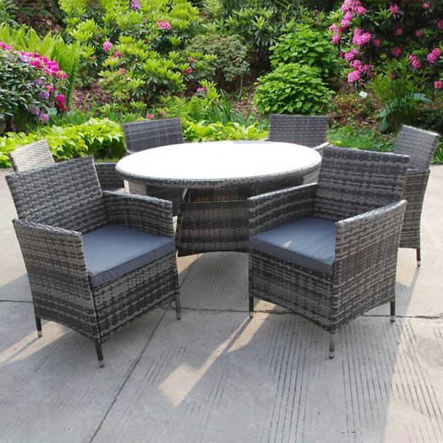 Bistro 6 Six Seater Dining Rattan Wicker Garden Dining Outdoor Table And Chairs Furniture Patio Grey