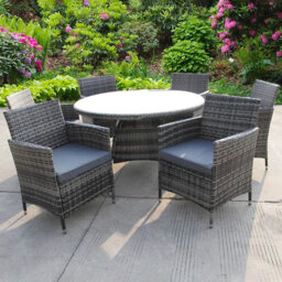 Bistro 6 Six Seater Dining Rattan Wicker Garden Dining Outdoor Table And Chairs Furniture Patio Grey