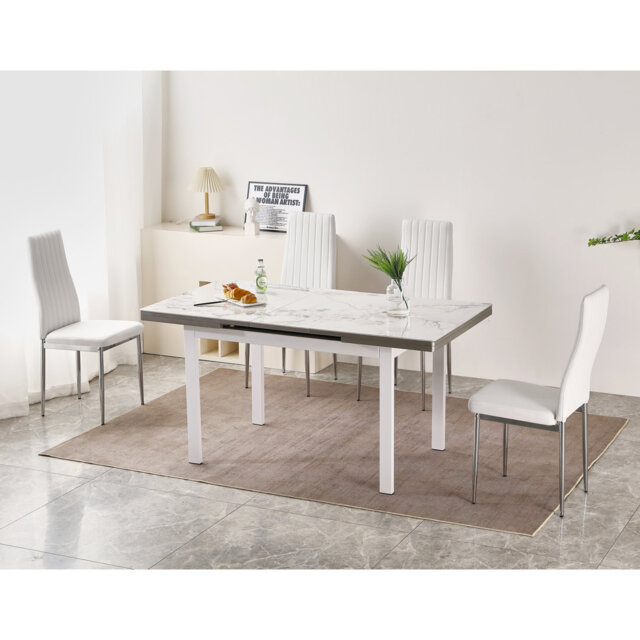 Jade White Sintered Stone Extending Dining Table with 4 Monza Chairs