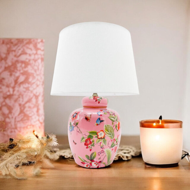 Hani Ginger Jar Table Lamp – Decorative Ceramic Base with Linen Shade Bedside Lamp for Bedroom or Living Room